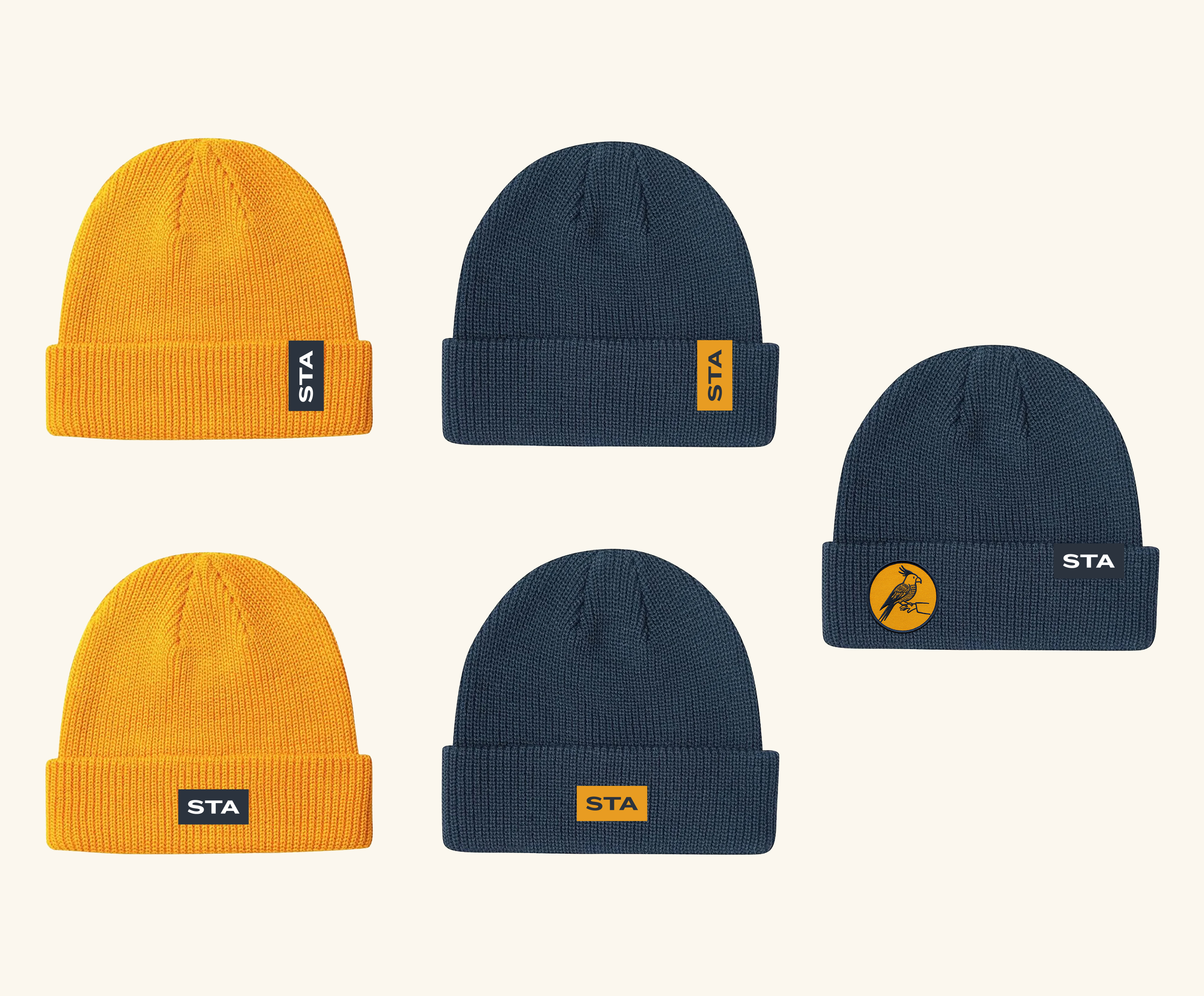 Signal and Ink beanies with woven STA labels in reversed colorways