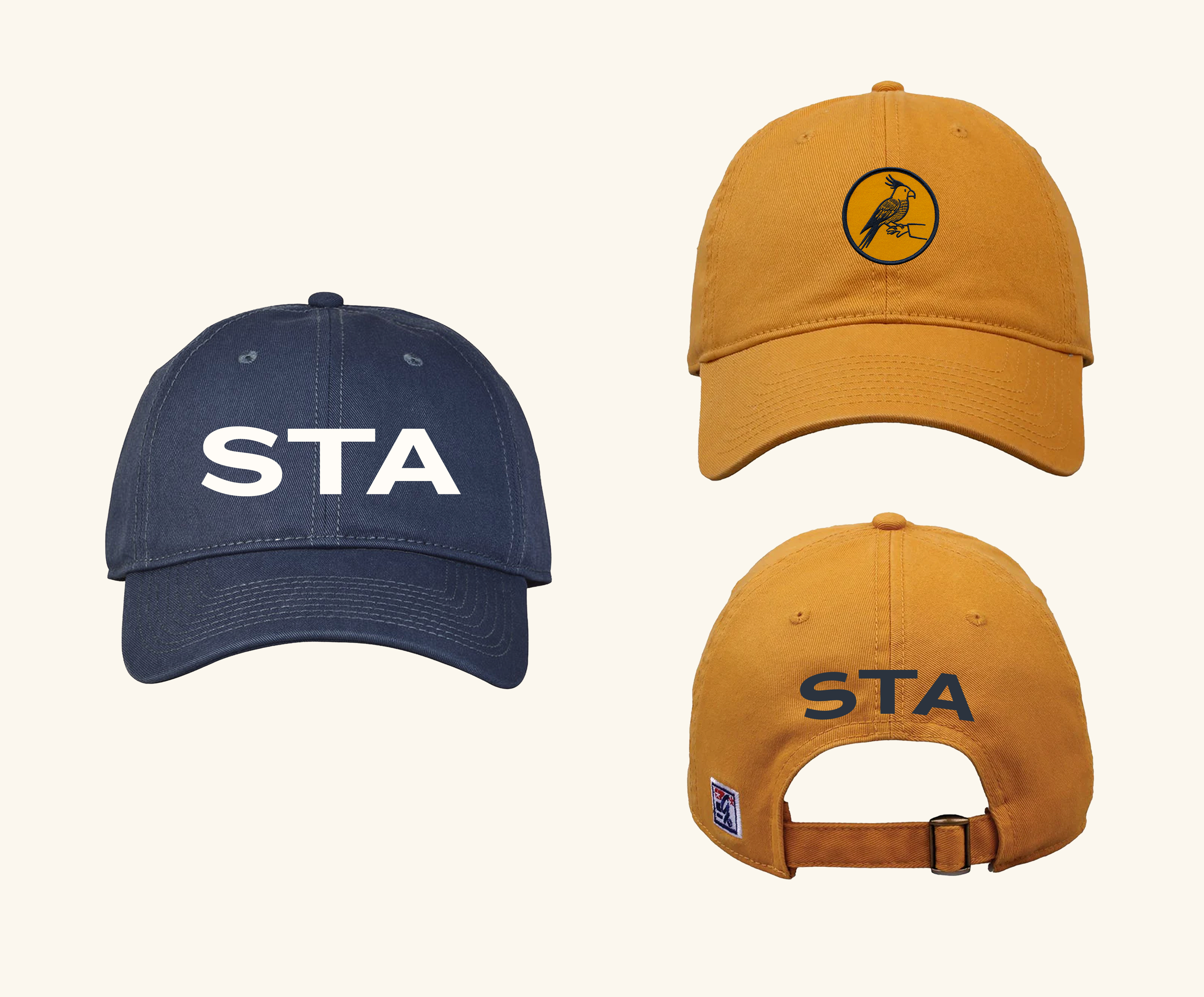 Beanie and three ballcaps with STA bird-circle motif and wordmark
