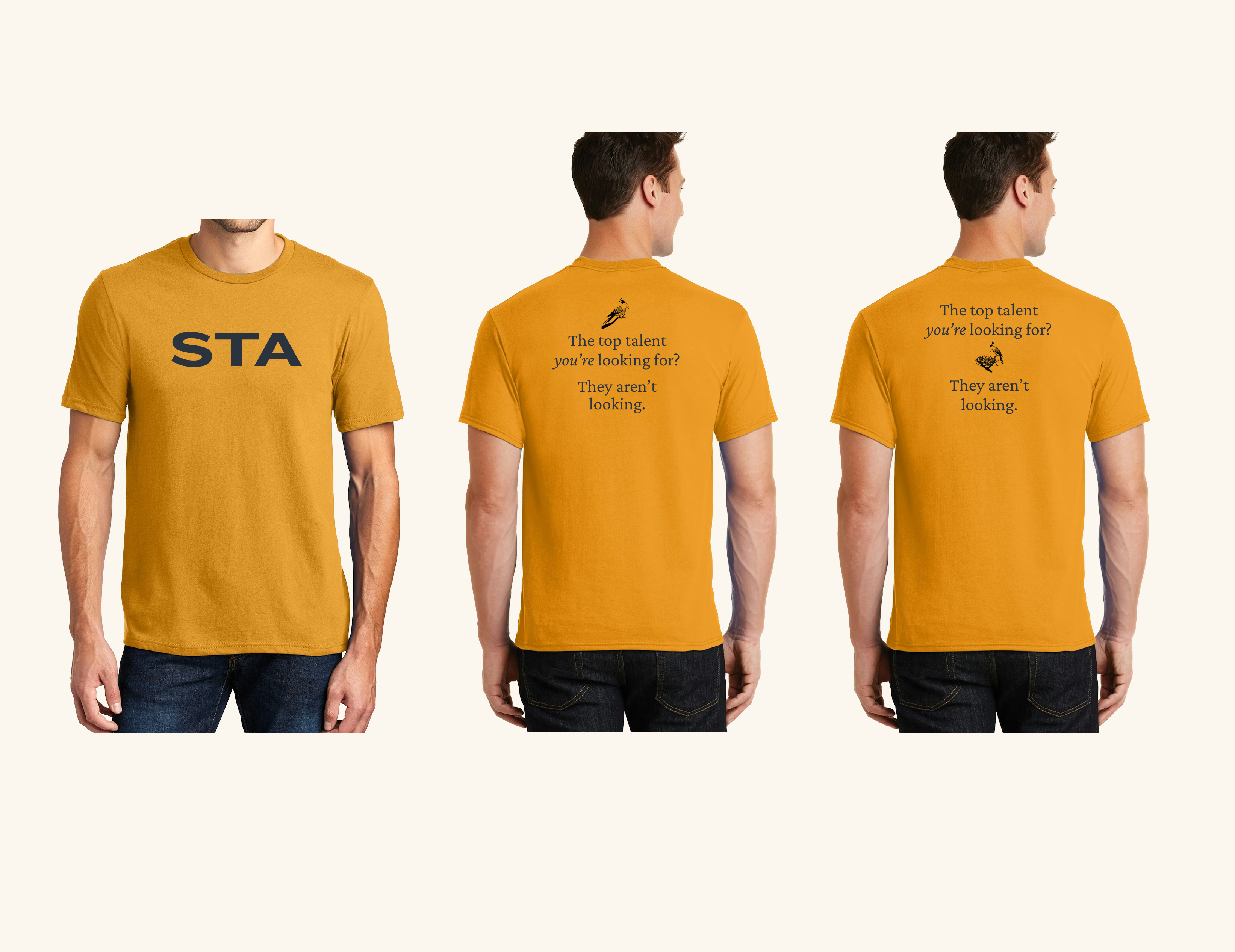 Signal-orange t-shirts with STA wordmark front and tagline back-print