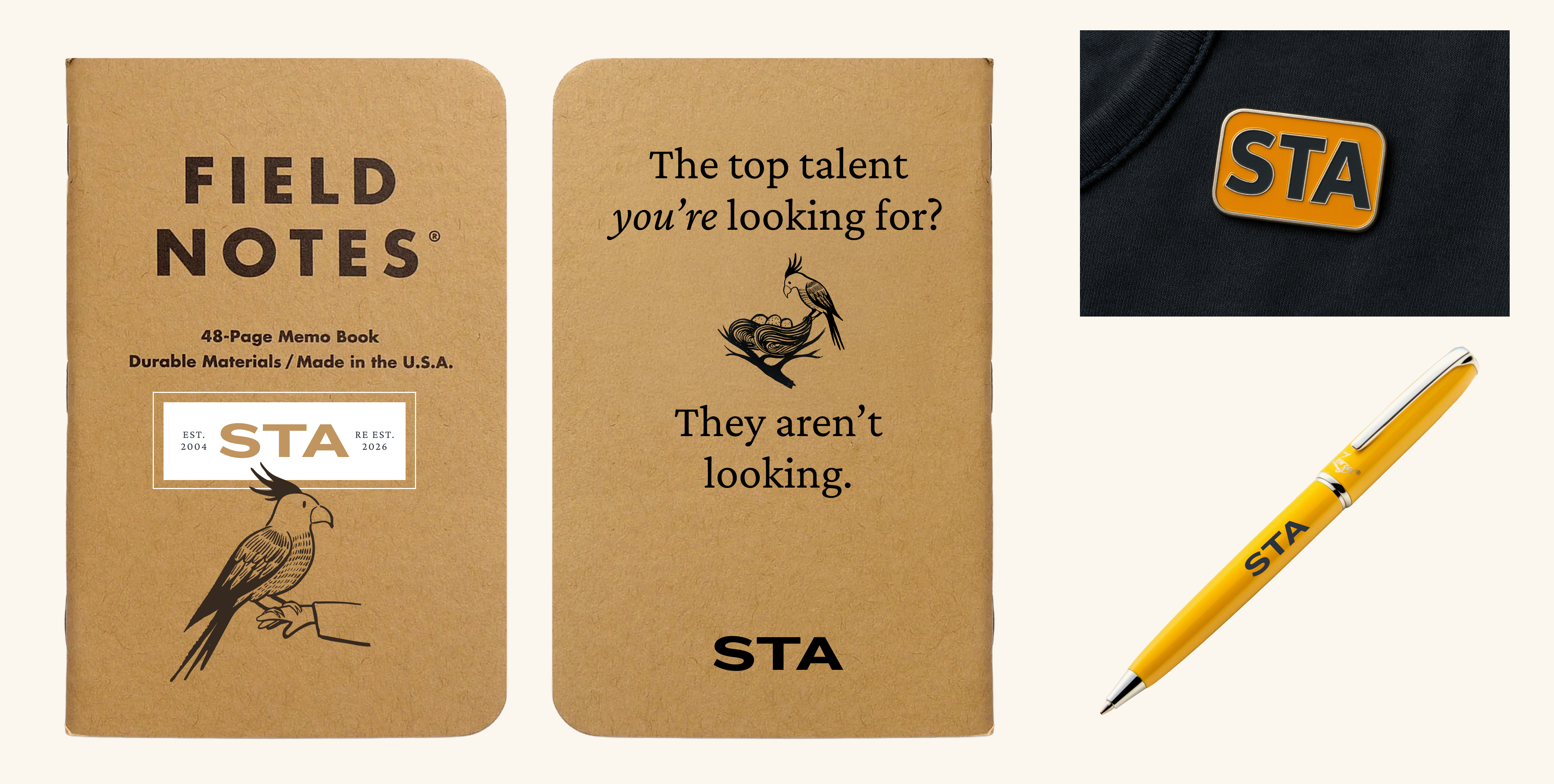 STA Field Notes notebooks with tagline copy, pin, and Signal pen